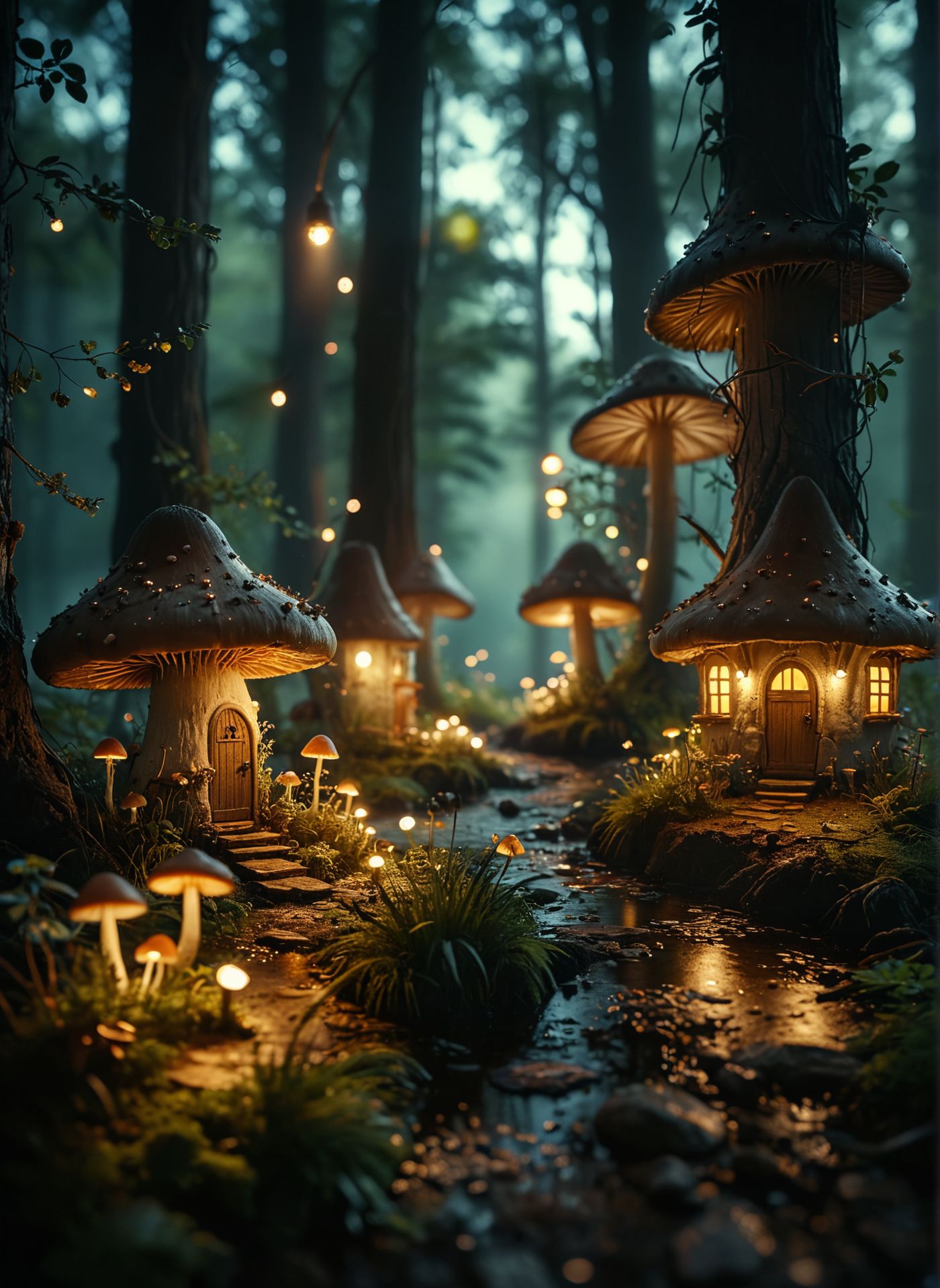 Enchanting mushroom village, nestled in a dense forest, the village consists of tiny houses made of mushrooms with glowing windows. The scene is lit by bioluminescent plants and fireflies, creating a magical atmosphere. Whimsical and enchanting, highly detailed, photorealistic, RAW photo, natural light, shallow depth of field, bokeh. 
 OverallDetailXL
<lora:ral-ertmsphr:0.45> ral-ertmsphr
 <lora:MJ52:0.4>
<lora:add-detail-xl:1>
(settings by AIDigitalmediaagency:0.001)
<lora:CinematicStyle_v1:0.7>