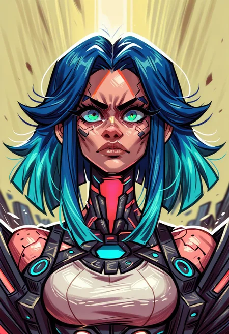 score_9, score_8_up, score_7_up, score_6_up, 1girl, BREAK,
Ra3lyn, Cyberpunk Style, masterpiece, best quality, good quality, very aesthetic, absurdres, newest, 8K, depth of field, half-face demon, focused subject, portrait, dynamic angle, action shot, 1girl, solo, medium hair, split hair, split-color hair, two tone hair, blue hair, red hair, (low-tied_long_hair), front locks, twin locks, front locks, white clothing, looking at viewer, fierce look, organic, the cyborg is very sinister and dangerous, cross_draw, glowing katana, thermal katana, sword_draw, iaido, one_hand_on_sheath, unsheathing, duality, light and shadow, dark and bright
in the style of cksc, zPDXL