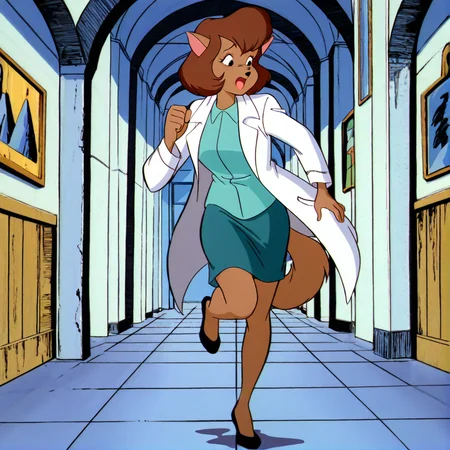 (masterpiece), (best quality), (ultra-detailed), amazing quality, very aesthetic, illustration, perfect composition, intricate details, absurdres, incredibly absurdres,
<lora:Abby_Sinian_illustrious:1>, abbysinian, 1girl, solo, open mouth, skirt, animal ears, furry, pencil skirt, running, labcoat, retro artstyle, brown fur, body fur, furry female, brown hair, short hair, cat ears, cat girl
