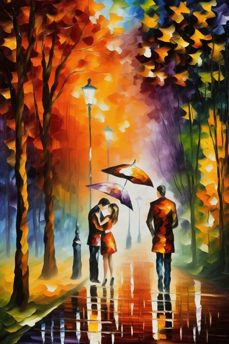 <lora:Leonid Afremov Style:1>Leonid Afremov Style - A romantic, detailed masterpiece painting by Leonid Afremov would be a visual feast for the eyes, capturing the viewer with its intricate details, rich colors, and emotive subject matter. Afremov is known for his use of a palette knife and thick, textured brushstrokes to create a sense of depth and movement in his paintings. The painting would likely feature a romantic scene as its centerpiece, such as a couple strolling hand-in-hand through a picturesque park or a man and woman dancing in the moonlight. The figures would be rendered in a realistic yet impressionistic style, with soft, rounded forms and delicate features. Their expressions would convey a sense of love and intimacy, creating an emotional connection with the viewer. The background of the painting would be equally detailed and intricate, featuring a wide range of colors, textures, and patterns. For example, the park would be lush with lush green trees, colorful flowers, and vibrant fall foliage. The sky would be rendered in shades of pink and purple, evoking the feeling of a romantic sunset. Afremov's signature thick, textured brushstrokes would give the painting a sense of depth and movement, making the scene feel more alive and dynamic. As the viewer looks closer, they would discover hidden details and surprises. For example, a songbird perched on a branch, a couple of lovers sitting on a bench, or a street performer playing a musical instrument. These small details would add a sense of movement and life to the scene, making it feel more dynamic and interesting. The overall painting would be balanced and harmonious, with the different elements working together to create a cohesive whole. The colors, textures, and patterns would be carefully chosen to complement one another, creating a sense of visual rhythm and movement. The painting would be rendered in high-resolution, with crisp lines and subtle gradations of color, making it look almost photographic in its realism. In summary, a romantic, detailed masterpiece painting by Leonid Afremov would be a visual feast for the eyes, capturing the viewer with its intricate details, rich colors, and emotive subject matter. It would transport the viewer to a magical and romantic world, filled with wonder and enchantment.