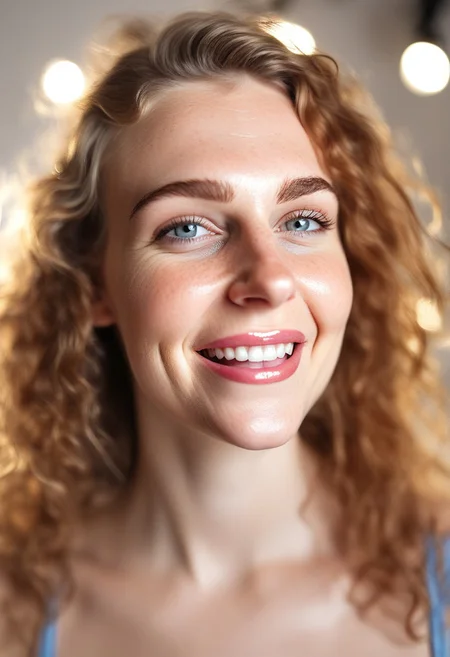30yo american woman in a photostudio
Modeling High cut, high Quality Dress.
Slight makeup, heavy rimmel. Clear skin.  realistic skin style
Long messy stylish hair. 
Shooting light, indors, cable light
Studio background.
Winking, lip bite. Smiling. \(biting on own lips\)
Bokeh. Heavy Bokeh light.