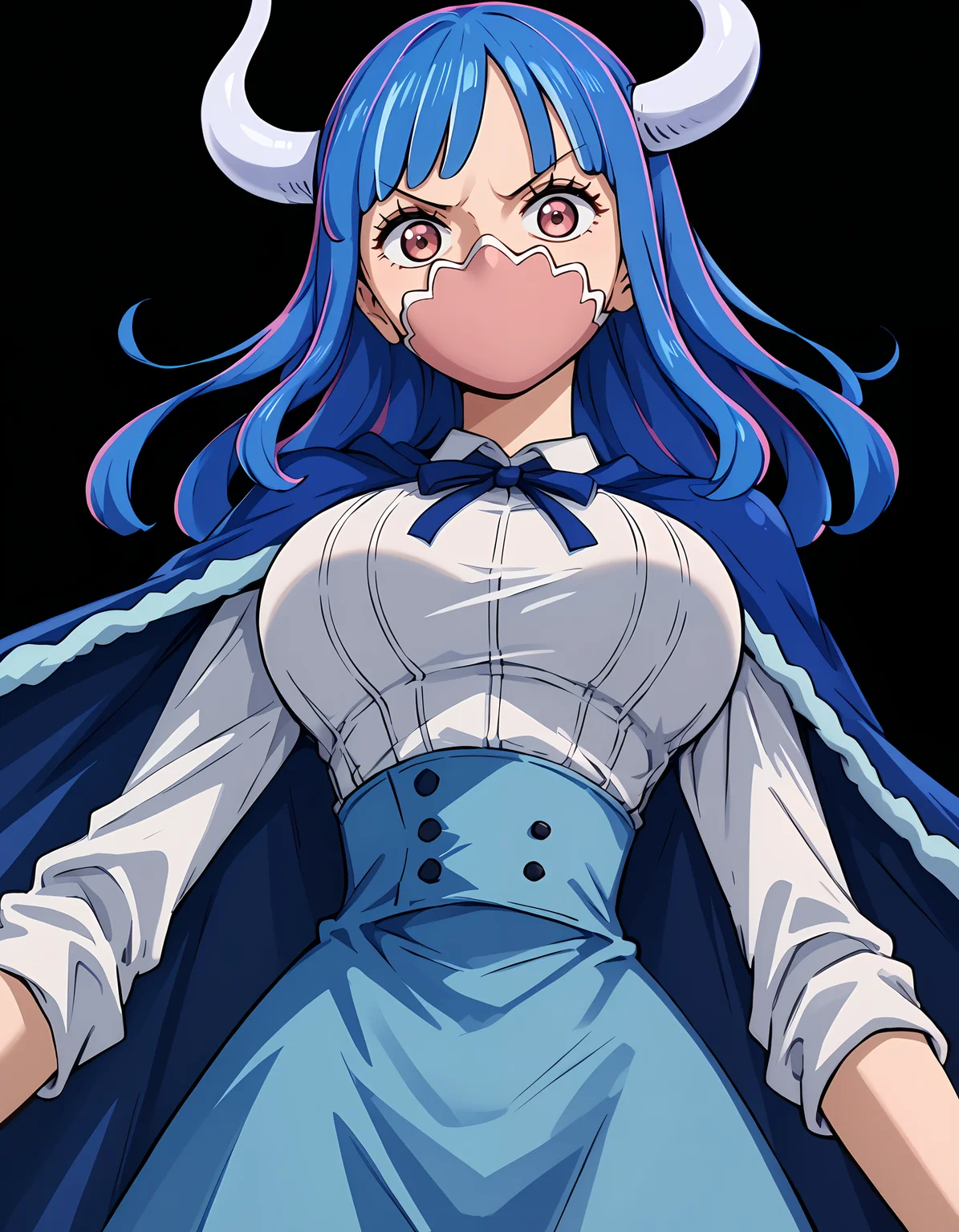 <lora:Ulti-000010:1>ult1, 1girl, blue cape, blue skirt, large breasts, white shirt, face mask, looking at viewer, black background, shirt tucked in, high-waist skirt, simple background, from below