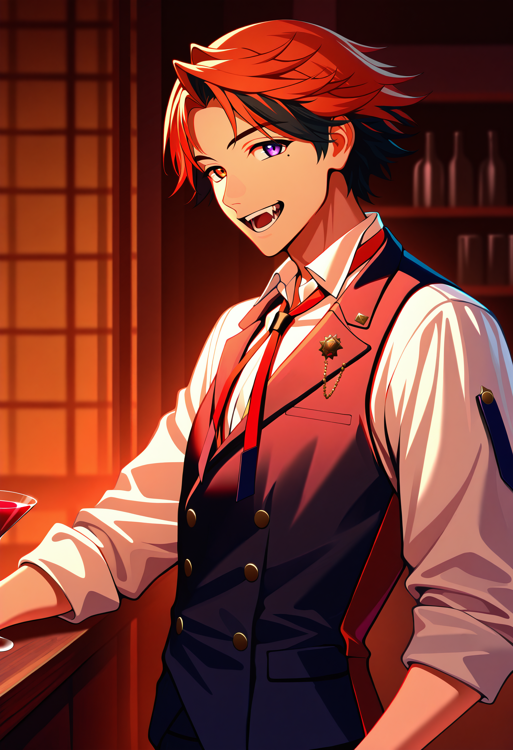 yukoku roberu, mole under eye, 1boy, male focus, heterochromia, solo, orange eyes, lapel pin, orange hair, purple eyes, sleeves rolled up, black hair, black vest, looking at viewer, neck ribbon, upper body, bar \(place\), bartender, open mouth, alcohol, red ribbon, fangs, collared shirt, double-breasted, white shirt, streaked hair, cocktail glass, short hair, wine glass, parted bangs, indoors, teeth, :d,
looking at viewer, from side, standing, window shade, night,
masterpiece, best quality, very aesthetic, absurdres
<lora:holostars_allmems_illustrious_v1:1>
<lora:illustrious_noobai_epsilon_pred_1_masterpieces_v1:1>