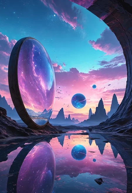 A view inside a mirror filled with multiverse, alien civilizations, ancient civilization, future civilization dramatic lighting, concept art, night time, purple and blue sky in the sky<lora:add-detail-xl:1> <lora:MJ52:0.5> <lora:sss:0.5>