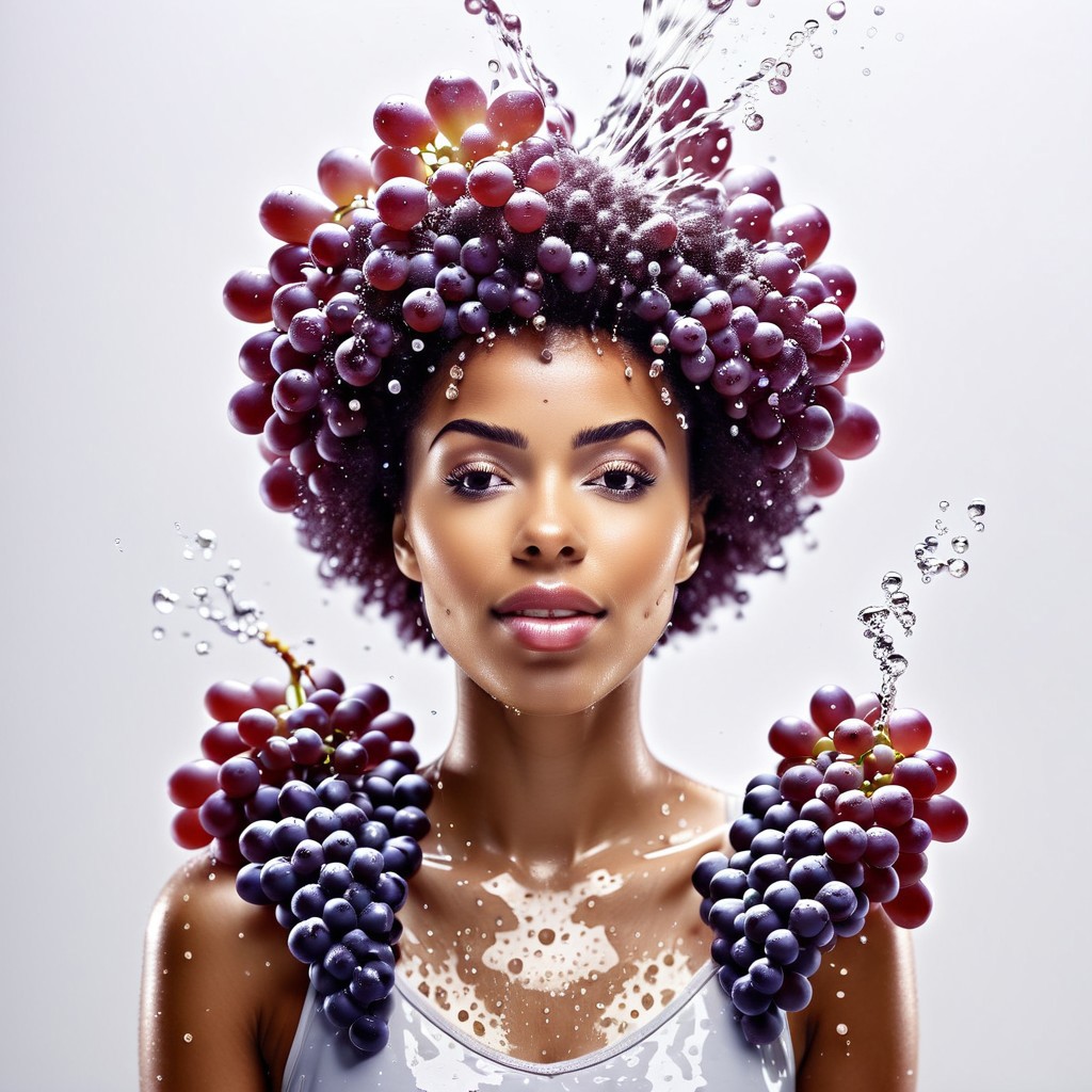 1 female, afro hair made of grapes, splash water, flashing particles, depth of field, clean background, made from grapes