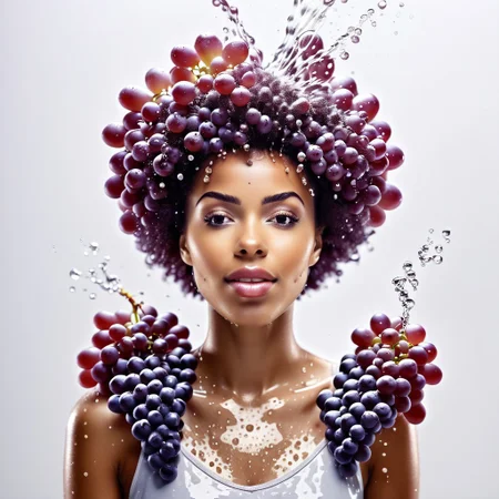 1 female, afro hair made of grapes, splash water, flashing particles, depth of field, clean background, made from grapes