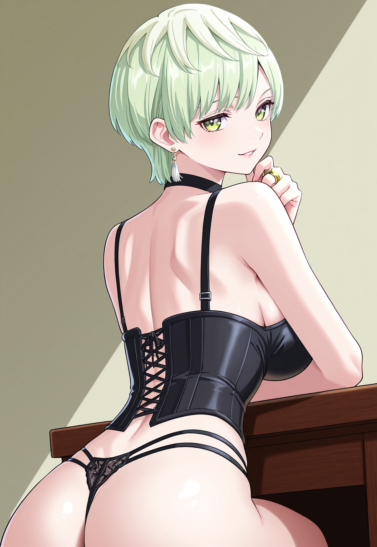 1girl, solo, tenka izumo, short layered light green hair, side bangs, sharp teal eyes, earring on right ear, large breasts, wide hips, black underbust corset, matching strappy thong, thigh harnesses with gold rings, lingerie, leaning against a table, back slightly arched, teasing expression, clean background, full colour, coloured manga style


