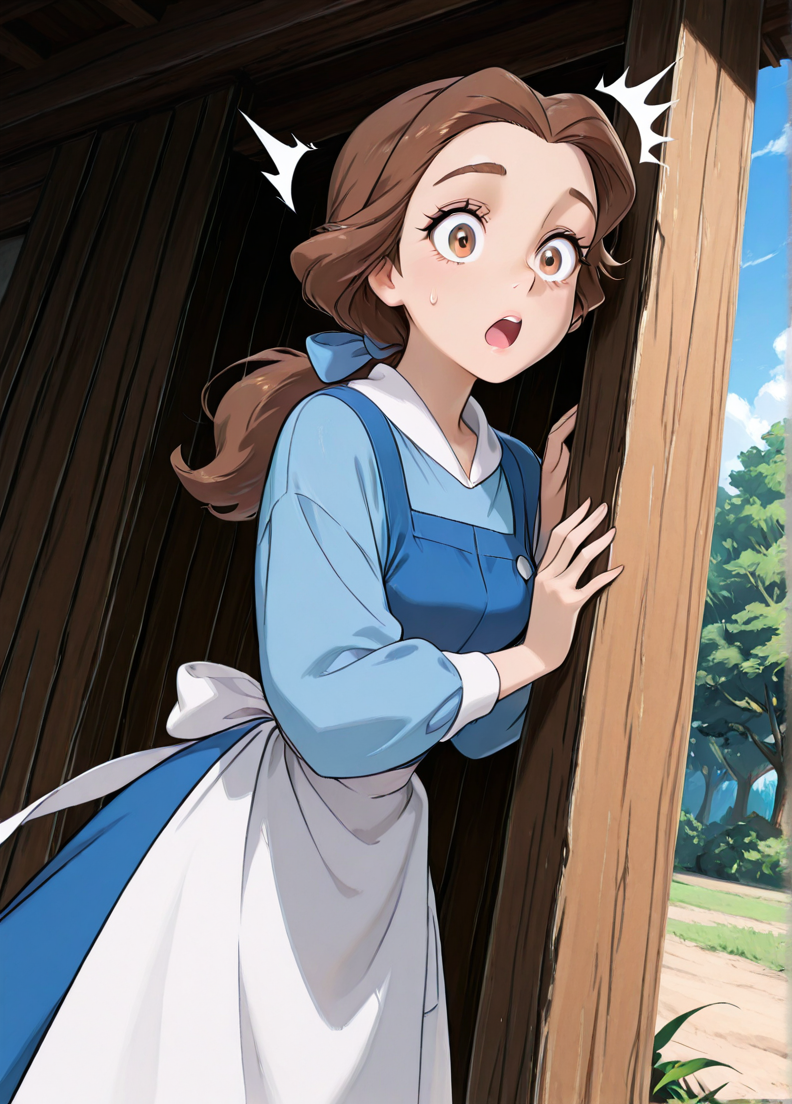masterpiece, best quality, amazing quality, very aesthetic, absurdres, newest, 4k, 8k, dynamic angle, official style, sugimorixd, outdoors, 
1girl, solo, blue dress, looking at viewer, long hair, brown hair, brown eyes, bellexd, low ponytail, white apron, long sleeves, blue hairbow,
surprised,
<lora:Expression_Detailer_Illustrious_Lora:1>,  ,<lora:sugimoi:1> <lora:Bella:1>