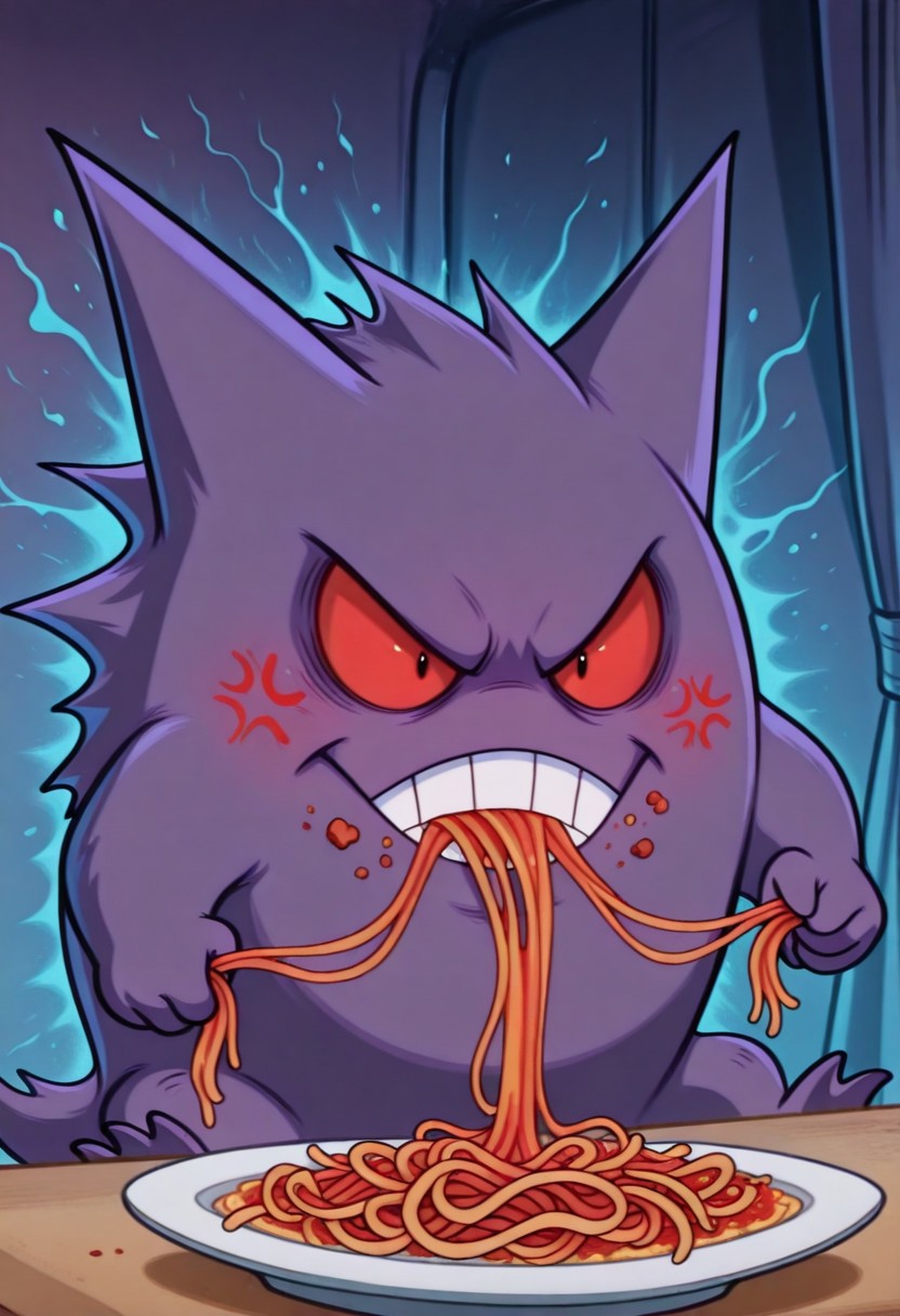 tjstyle, cartoon,  absurdres, highly-detailed, best quality, masterpiece, very aesthetic, amazing quality, 1boy, PKMN_Gengar, eating spaghetti, messy, food on face, angry, anger mark