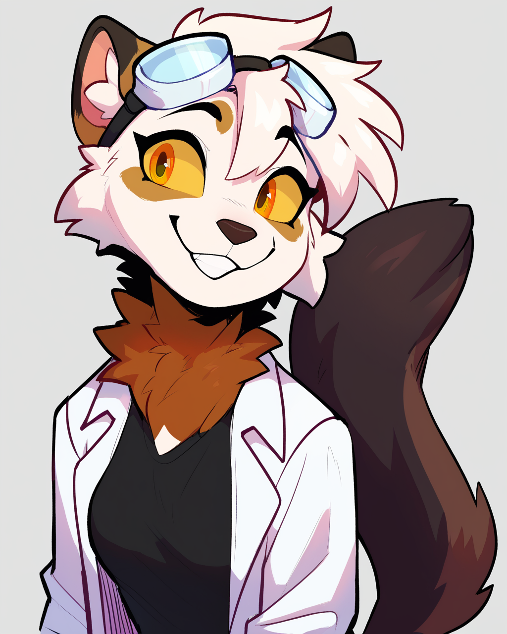 score_9_up, score_8_up, score_7_up, score_6_up, furry female, by remanedur, half-length portrait, female, furry, yellow eyes, yellow sclera, neck fluff, lab goggles, lab coat, white hair, tail, medium breasts, looking at viewer, smile, short hair, black shirt, jeans, gloves, happy, smile, head tilt, standing, solo, three-quarter view, simple background,<lora:Leah_Pines(AIM)_XL_v1:0.15> <lora:PDXL_artist_tags_v2_big:0.5> <lora:The-Minuscule-Task_PDXL_v1.0:0.6>  <lora:Chise_sailorrooscout:0.7>