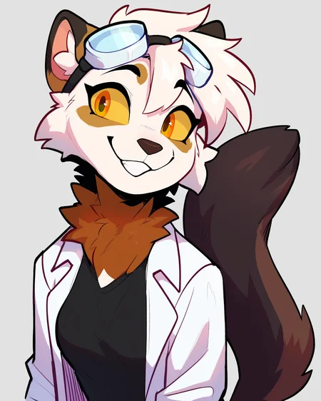 score_9_up, score_8_up, score_7_up, score_6_up, furry female, by remanedur, half-length portrait, female, furry, yellow eyes, yellow sclera, neck fluff, lab goggles, lab coat, white hair, tail, medium breasts, looking at viewer, smile, short hair, black shirt, jeans, gloves, happy, smile, head tilt, standing, solo, three-quarter view, simple background,<lora:Leah_Pines(AIM)_XL_v1:0.15> <lora:PDXL_artist_tags_v2_big:0.5> <lora:The-Minuscule-Task_PDXL_v1.0:0.6> <lora:Chise_sailorrooscout:0.7>