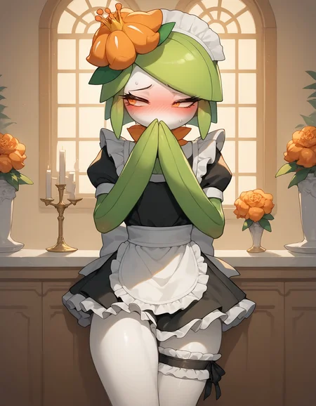 score_9, score_8_up, score_7_up, Hilligant, orange flower, pokemon \(creature\), (solo), 1girl, anthro, femboy, girly, maid dress, french maid, maid headwear, embarrassed, leg band, looking away, blush, mansion, long eyelashes, hand at face, black eyelashes, <lora:cefaa866-a58e-40ba-a219-79ab392f7d60:1.0>, <lora:9a709bb3-a348-47c9-a021-a83e3dca5b32:0.9>