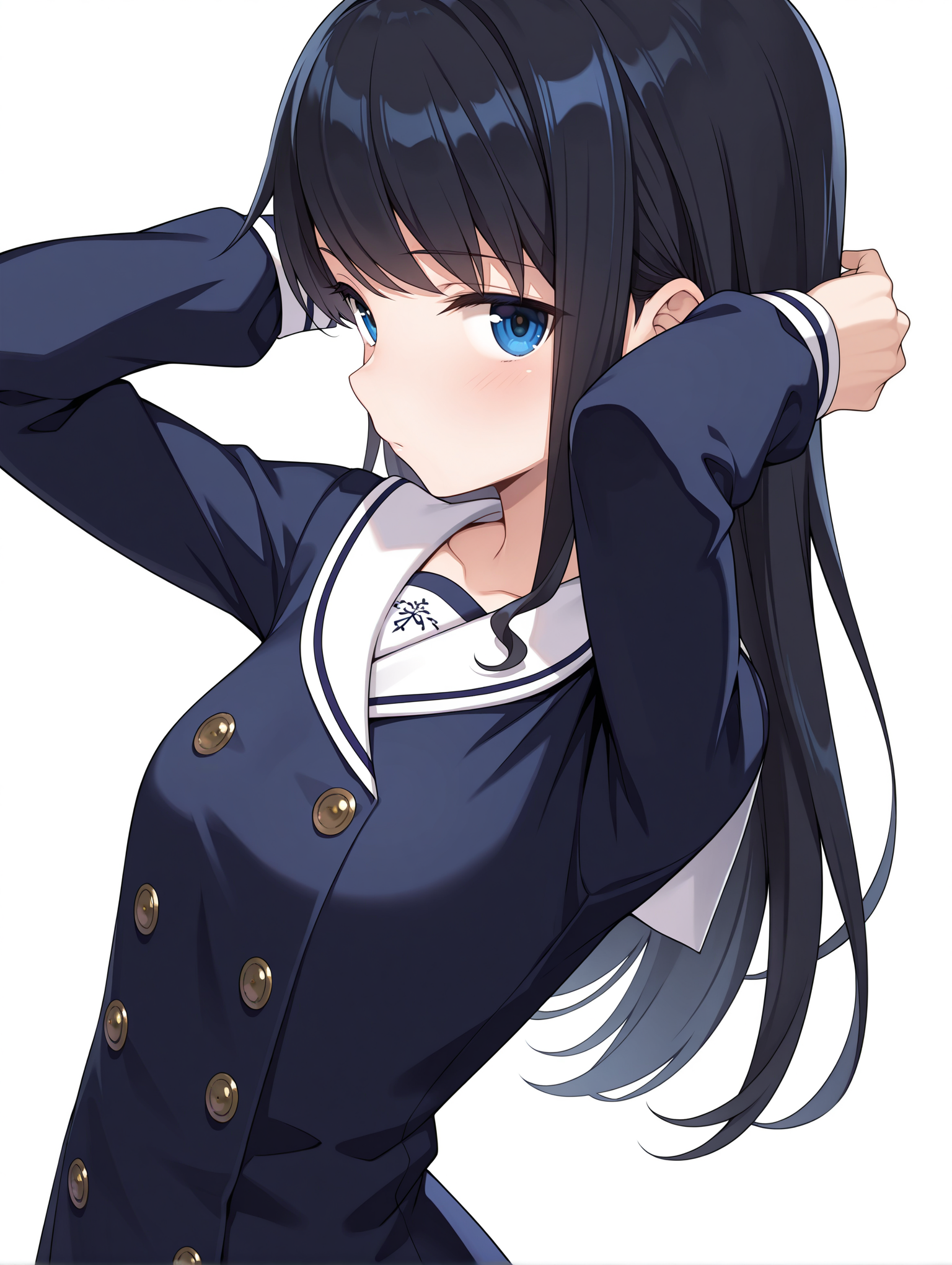 masterpiece,best quality,newest,
1girl,solo,
<lora:k_mutsumi_ilxl_v1.0:1>,k_mutsumi,black hair,long hair,blue eyes,
aizumi,blue dress,long_sleeves,double-breasted,
<lora:Fixhands_anime_bdsqlsz_V1:1>,dynamic_angle,looking_at_viewer,standing,light_blush,armpits,hand_in_hair,upper_body,face_focus,simple_background,white_background,