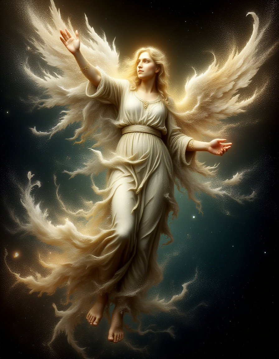 A baroque-style painting of a celestial angel, adorned with flowing robes and radiant light. In a ral-dissolve effect, the angel's form starts to dissolve into delicate, glowing feathers and shimmering particles that ascend into the heavens. The rich, dramatic contrasts of light and shadow enhance the sense of divine transcendence and the fleeting nature of spiritual visions.
 <lora:ral-dissolve-flux_000005000:1>
