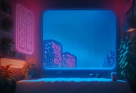 score_9,score_8_up,score_7_up,score_6_up,
steaming coffee cup on windowsill, plants on the windowsill, wall of plants, monstera plant, large plant, tidy bedrrom, small room, cramped bedroom, teddies on the bed, cyberpunk city view out of the window, neon light, purple neon lights, rain, rain outside, rain on the window