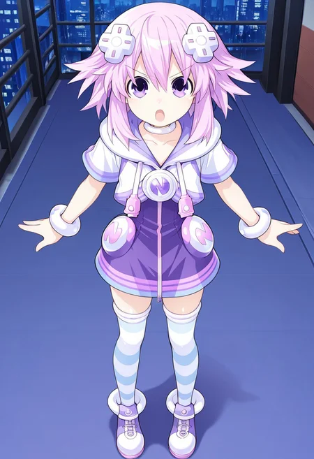 masterpiece, best quality, amazing quality, very aesthetic, absurdres, newest,shiny skin,, anime screenshot, anime coloring, NepNep, purple hair, purple eyes, neptune (neptune series), NepNep, Fol001, Np_Def, purple hair, purple eyes, neptune (neptune series), d-pad hair ornament, cropped hoodie, closed hoodie, white hoodie, white hood, hood down, white choker, zipper dress, purple dress, white bracelet, collarbone, striped thighhighs, short sleeves, white thighhighs, blue thighhighs,
simple background, city background, open mouth, looking at viewer, xdive, Serious expression, Full body,