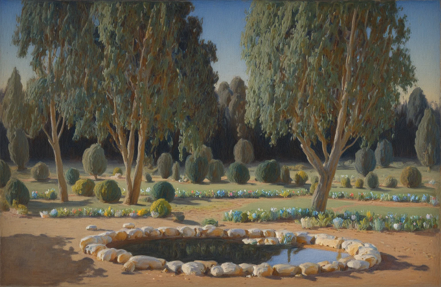 artist: sargent, painting \(medium\),painterly, watercolor \(medium\), no humans, gradient background, landscape, garden, flowers, trees, pond, shadow,
<lora:John Sargent Illustrious 0.1-step00000630:0.8>