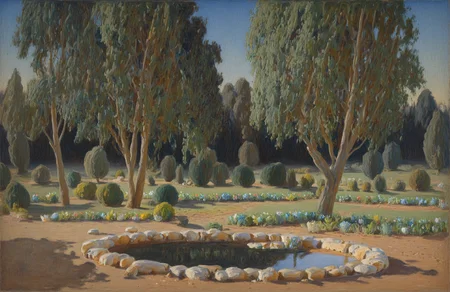 artist: sargent, painting \(medium\),painterly, watercolor \(medium\),  no humans,  gradient background, landscape, garden, flowers, trees, pond, shadow, 
 <lora:John Sargent Illustrious 0.1-step00000630:0.8>