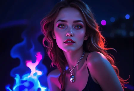 bv-betdigpor. A young woman with vibrant expressions in a moonlit beach bonfire gathering. The scene is illuminated by vivid laser beams cutting through the air. The young woman is holding or presenting the text "Better Digital Portraits" prominently in a a necklace pendant clearly engraved with the text. The entire image showcases an enhanced "Better Digital Portraits" aesthetic, emphasizing flawless skin, striking colors, and vivid contrasts, ensuring the text "Better Digital Portraits" is always clearly visible and integral to the composition. , <lora:bv-better-digital-portrait.safetensors:1.0:1.0>