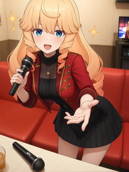 masterpiece,best quality,newest,
1girl,solo,
<lora:Nicole_Francisca_ilxl_v1.0:1>,nicole_f,blonde hair,grey gradient hair,blue eyes,
u.r.k,necklace,red jacket,black dress,turtleneck,black skirt,
<lora:j_karaoke_ilxl_v1:1>,j_karaoke,<lora:Fixhands_anime_bdsqlsz_V1:1>,table,couch,singing,front view,reaching towards viewer,bent_over,leaning_forward,:d,sparkle,holding microphone,looking_at_viewer,