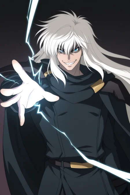 1boy, male focus, masterpiece, best quality, <lora:Dark_Schneider:1>, DarkSchneider, evil grin, casting spell, electricity