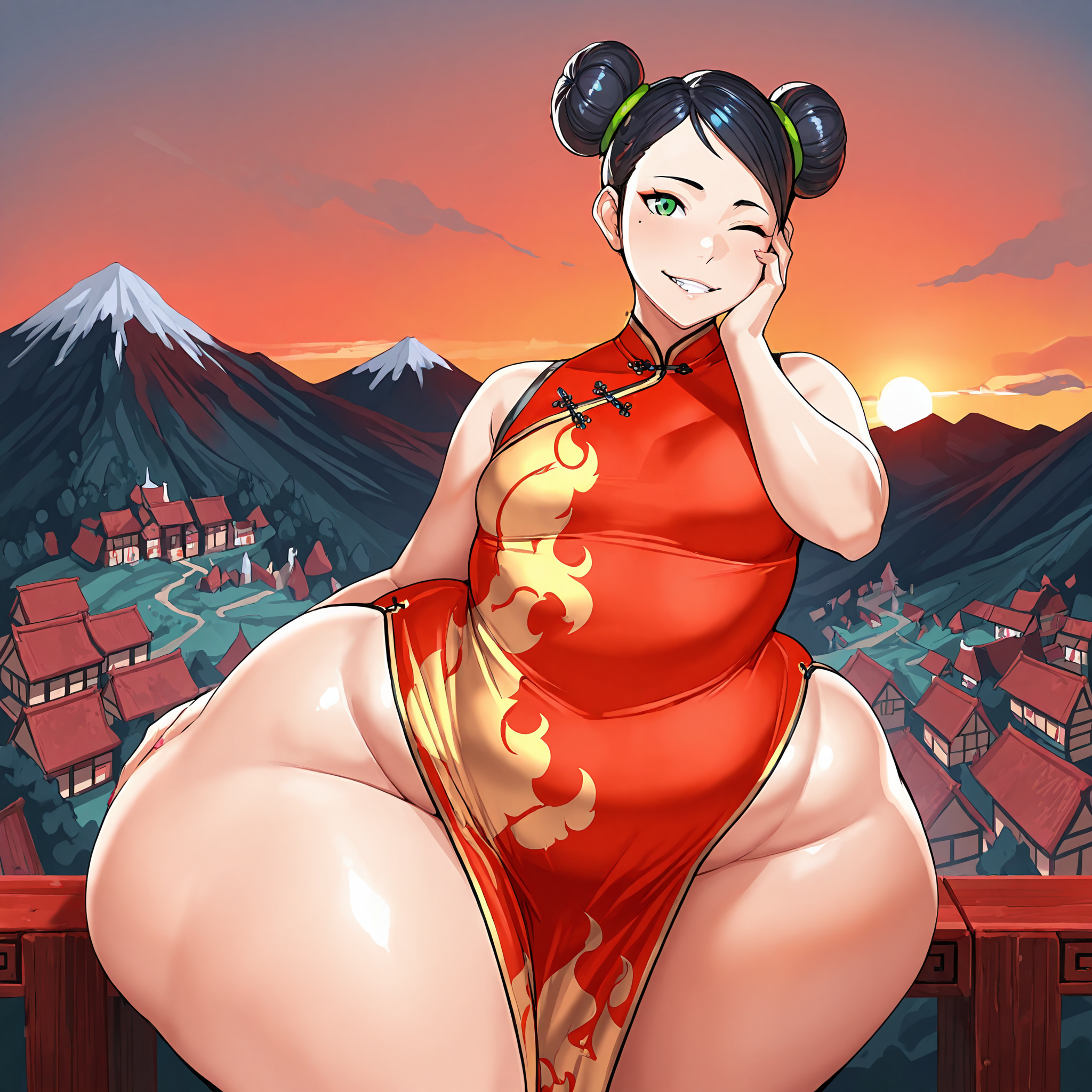 (masterpiece), best quality, (highly detailed), 1female, solo, <lora:Toroboro_Illustrious:0.8>, red chinese dress, black hair, hair buns, green eyes, flame print, thick thighs, huge thighs, massive hips, fat, small breasts, smile, one eye closed, teeth, hand on cheek, hand on side, village,