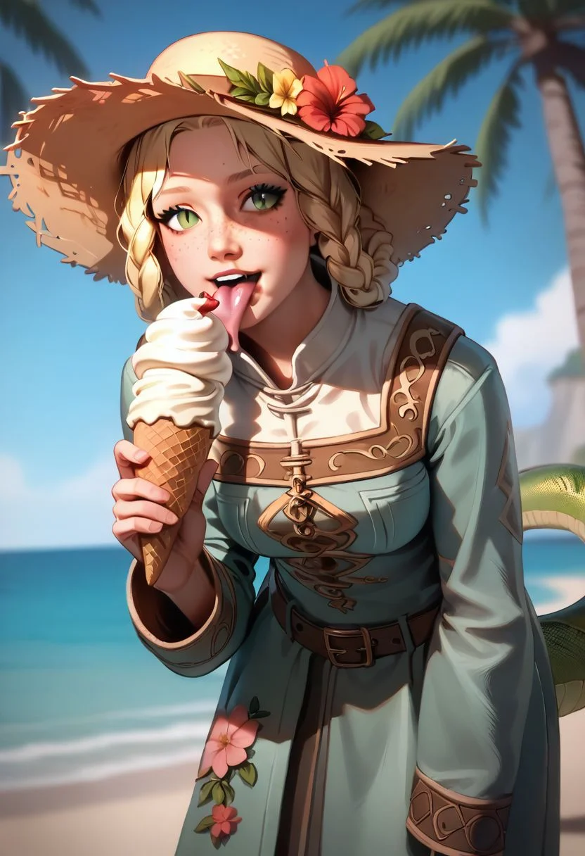 score_9, score_8_up, score_7_up, BREAK, source_anime, 1girl, cute woman, detailed face, masterpiece, high detail, ryazorayas, blonde hair, long twin braids ,green eyes, bad posture, slit pupils, freckles, licking ice cream, holding an ice cream cone, happy, summer dress, straw hat, flower pattern, belt, jacket, long sleeves, standing, snake tail, leaning forward, at the beach,