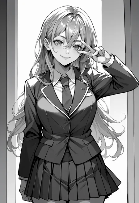 score_9, score_8_up,score_7_up, source_anime, 1girl, solo,
vgtsav, hand on own face,
<lora:VctryVsg_pdxl_EliPot:1>
blazer, closed mouth, collared shirt, finger to mouth, greyscale, hair between eyes, jacket, long hair, long sleeves, mole, mole under eye, monochrome, necktie, pleated skirt, shirt, skirt, smile, solo,
