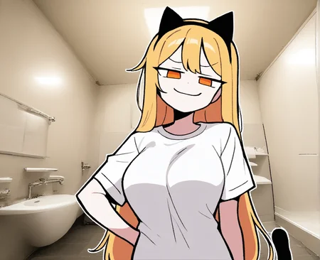 1girl, large breasts, smug, posing, blonde hair, fake black cat ears, white t-shirt, orange eyes, posing, <lora:blurreal-NoobAI:0.85>, indoors, bathroom,