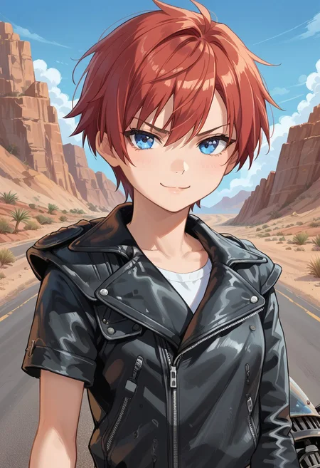 score_8, score_8_up, score_7_up, source_anime, anime screenshot, 1girl, solo, female focus, tomboy, short hair, red hair, blue eyes, looking at viewer, smug, Road_Wargear, leather jacket, asymmetrical clothes, asymmetrical sleeves, single pauldron, zipper, zipper pull tab, upper body, outdoors, desert, road