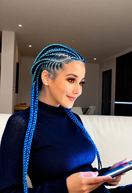 (photorealistic lifestyle portrait, masterpiece:1.1),
SelenaXenon_character <lora:SelenaXenon_SDXL_v1:0.7>,
waist-up shot, sitting in a minimalist, sleek apartment lounge, holding a warm glowing datapad, a faint, thoughtful smile, electric blue intricate braids hair slightly looser but still neat, warm brown eyes, freckles,
wearing comfortable but stylish dark lounge attire (e.g., a fine-knit dark sweater),
soft, warm ambient lighting from unseen sources, relaxed posture,
depth of field with a slightly blurred background of her apartment, serene mood