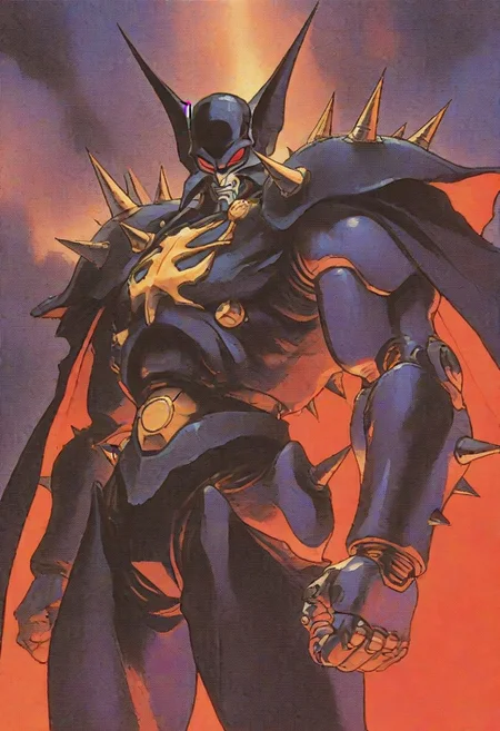 Strength, retro artstyle, retro illustration, knva, villain, cyborg, lord, emperor, powerful, warrior, steel, spikes, flesh, muscular, cape, imposing, red eyes