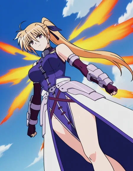 signum,magical girl,purple eyes,(blonde hair:1.1),long hair,ponytail,ahoge,(blue hair ribbon:1.4),fire wings,bare shoulders,cropped jacket,elbow gloves,waist cape,(hat:-1),(shadow:-1),(open jacket:-1),(((solo))),(nipples:-1),
day,outdoors,sky,cloud,
looking at viewer,
medium large breasts,
perky breasts,explicit,hair between eyes,best quality,very aesthetic,absurdres,16k,intricate detail,amazing quality,(bold:3.12),thick outline,black outline,harsh lines,soft lines,deluster,boldline,curvy,serious,slim,
(anime screencap),(anime coloring:1.2), animated painting, animated gif,2d cel anime,anime cap,anime,anime style,anime cel,Cel shading,cel shaded,dutch angle,soft brightness,perfect face,perfect nose, perfect hair, perfect eyes,perfect female body,perfect skin,a face of perfect proportion,perfect lighting,perfect anatomy,perfect proportion,perfect hands,perfect legs,perfect fingers,masterpiece,super fine illustration,detailed linework,vibrant colors,kawaii,flat color,
<lora:éæ³å°å¥³ãªãªã«ã«ãªã®ã¯ã·ã°ãã illustriousMagical_Girl_Lyrical_NANOHASignumillustrious:1:0.8>