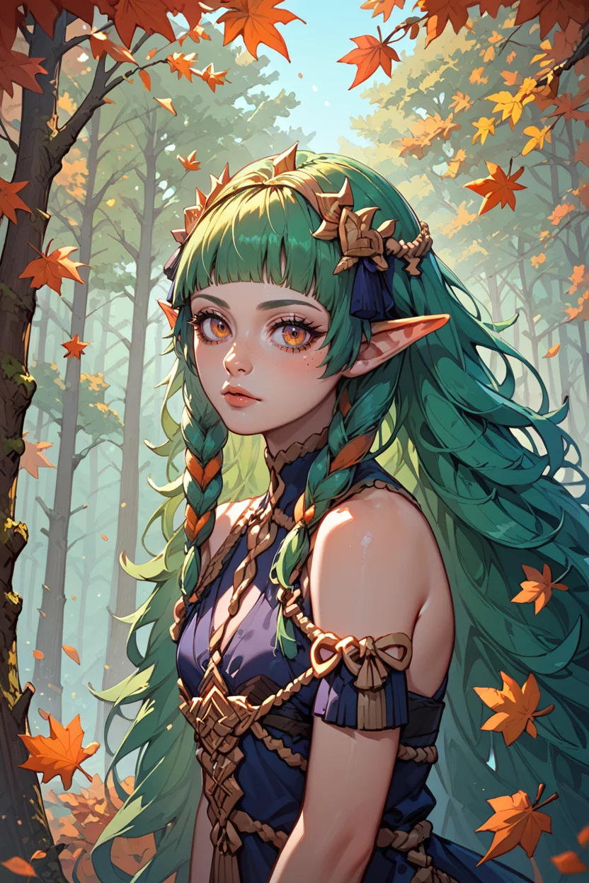 score_9, score_8_up, score_7_up, score_6_up
<lora:FESothis:1.0>
FESothis, 1girl, green hair, long hair, blunt bangs, pointy ears, looking at viewer, autumn forest with falling leaves in the background, warm earthy tones, cozy and nostalgic feel