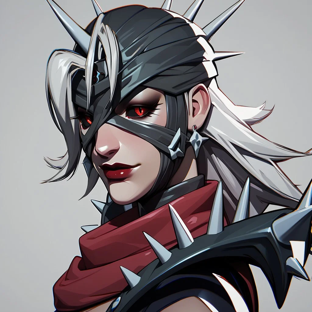 score_9, score_8_up, beautiful face, masterpiece, best quality, newest, absurdres, highres, 1girl, SueStormMaliceSkin-V1.1, mask, spikes, leotard, red scarf, red eyes, thighhighs, gloves, shoulder spikes, shoulder armor, clothing cutout, black sclera, colored sclera, red eyes