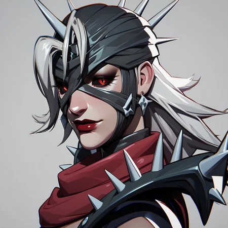 score_9, score_8_up, beautiful face, masterpiece, best quality, newest, absurdres, highres, 1girl, SueStormMaliceSkin-V1.1, mask, spikes, leotard, red scarf, red eyes, thighhighs, gloves, shoulder spikes, shoulder armor, clothing cutout, black sclera, colored sclera, red eyes
