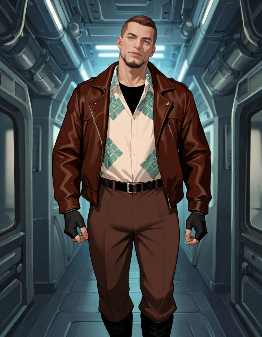 masterpiece, best quality, newest, perfect quality, best quality, detailed background, intricate details, male focus, realistic, solo, <lora:Titan AE - Joseph Korso - Illustrious_epoch_7:0.7>, titan_korso, 1boy, mature male, brown hair, very short hair, crew cut, blue eyes, multicolored goatee, brown jacket, patterned collared shirt, fingerless gloves, belt, brown pants, black boots, spacecraft interior, head tilt