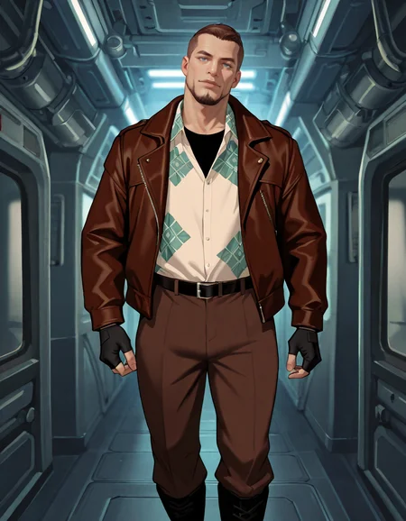 masterpiece, best quality, newest, perfect quality, best quality, detailed background, intricate details, male focus, realistic, solo, <lora:Titan AE - Joseph Korso - Illustrious_epoch_7:0.7>, titan_korso, 1boy, mature male, brown hair, very short hair, crew cut, blue eyes, multicolored goatee, brown jacket, patterned collared shirt, fingerless gloves, belt, brown pants, black boots, spacecraft interior, head tilt