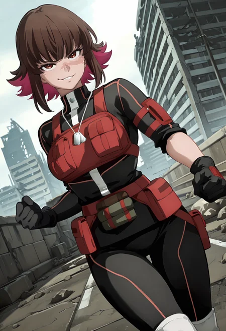 best quality, amazing quality, perfect quality, high quality, masterpiece, absolutely eye-catching BREAK
<lora:Shangri-La_Frontier_-_Rust_NH:1> ShangriRustNeph, scar on cheek, red eyes, colored inner hair, brown hair, pink hair, short hair, bangs, sidelocks BREAK
red utility vest, black bodysuit, long sleeves, sleeve rolled up, red arm pouch, black gloves, utility belt, white kneepads, white boots, dog tags BREAK
outdoors, rubble, building, sunbeam BREAK
1girl, solo, clenched hand, smirk, parted lips, cowboy shot, dutch angle, looking at viewer