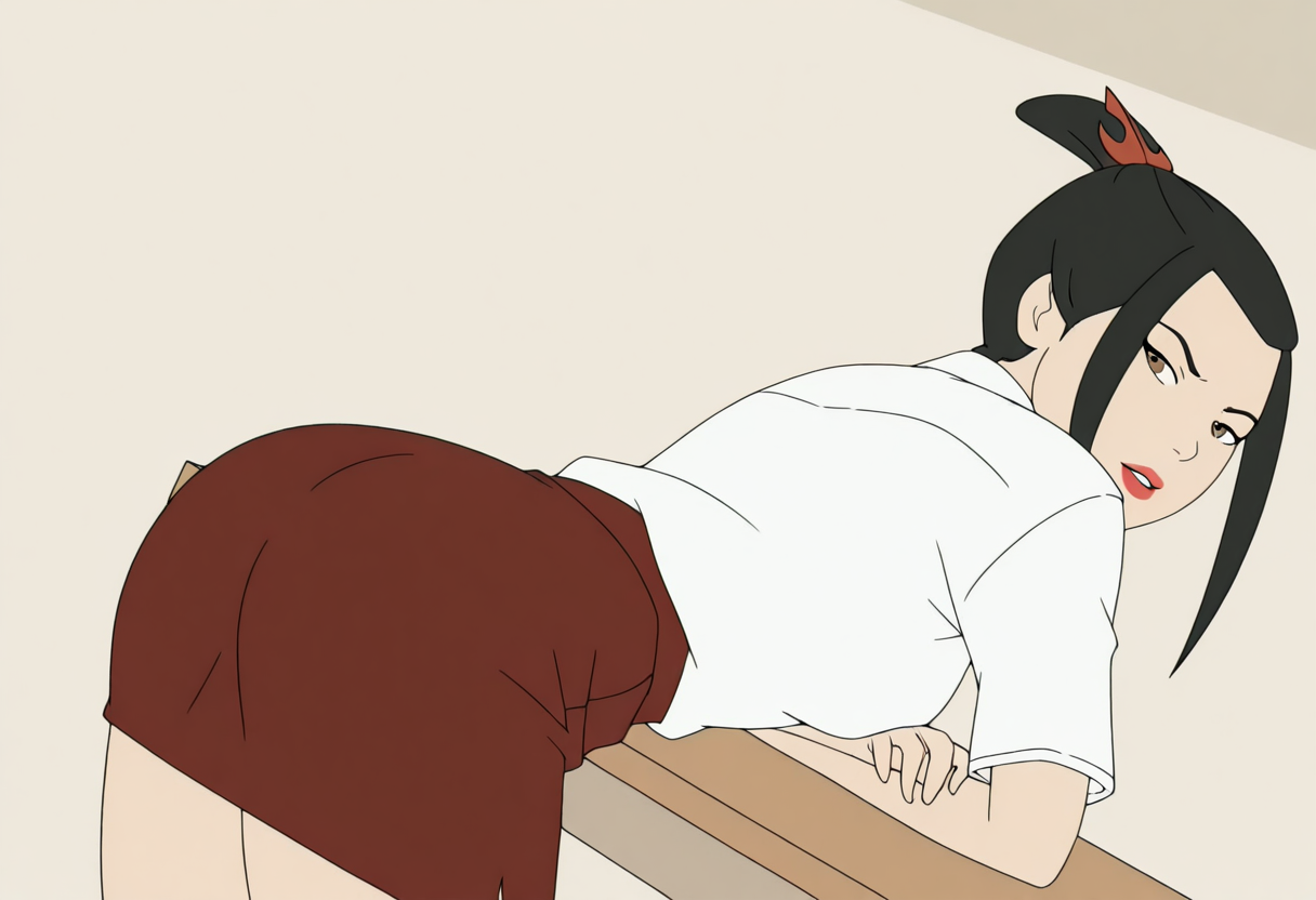 <lora:Azula_Illustrious7B:1>
<lora:Juukyuu_Style:1>,
1girl, solo, azula, black hair, topknot, hairpin, red hairpin,
brown eyes,
lipstick, makeup,
school uniform, alternate costume,
white shirt, red skirt, pencil skirt,
medium breasts, shirt tucked in, tight shirt,
ass, tight clothes,
bent over table, from behind, dutch angle, looking at viewer, looking back, crossed arms, 
masterpiece, flat colors, solid circle eyes,