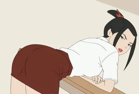 <lora:Azula_Illustrious7B:1>
<lora:Juukyuu_Style:1>,
1girl, solo, azula, black hair, topknot, hairpin, red hairpin,
brown eyes,
lipstick, makeup,
school uniform, alternate costume,
white shirt, red skirt, pencil skirt,
medium breasts, shirt tucked in, tight shirt,
ass, tight clothes,
bent over table, from behind, dutch angle, looking at viewer, looking back, crossed arms,
masterpiece, flat colors, solid circle eyes,