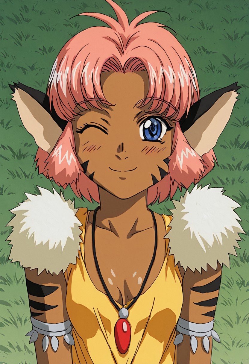 retro artstyle, 1990s \(style\),2d,masterpiece,merlelora,1girl,furry,fur,pink hair,short hair,blue eyes,dress,cleavage, beautiful face, blushed,fur trim,jewelry,necklace,dark-skinned female,fluffy,fluffy face,face shot,grass background,:3,smile,wink