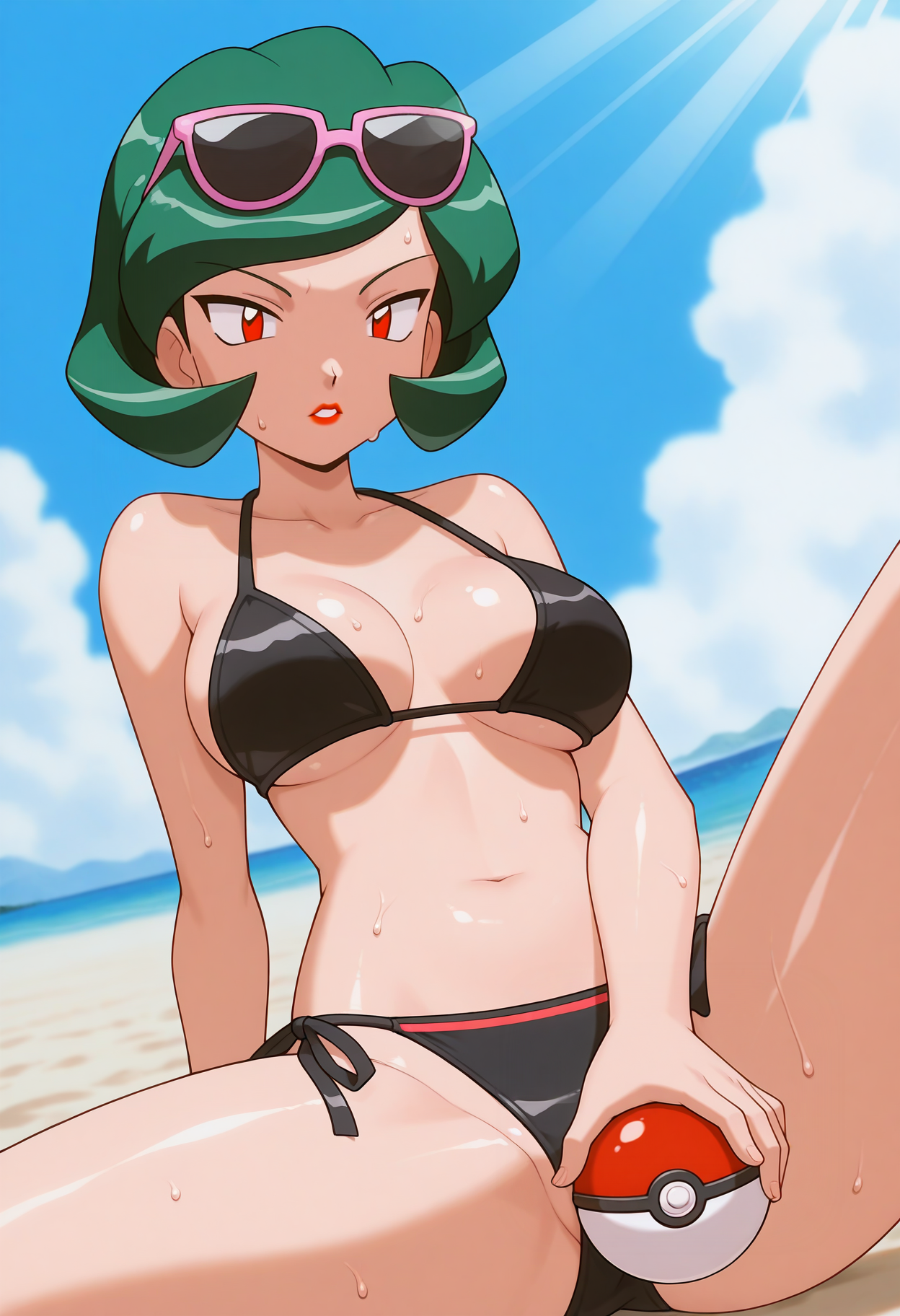 masterpiece, best quality, good quality, <lora:PMWendyIL:0.9>, PMWendy, 1girl, solo, green hair, short hair, red eyes, lipstick, breasts, 
black bikini, sweat, eyewear on head, sunglasses, side-tie bikini bottom,
spread legs, two poke balls between legs, sweat, shiny skin, holding poke ball, 
BREAK beach, light rays, blue sky, sunlight,