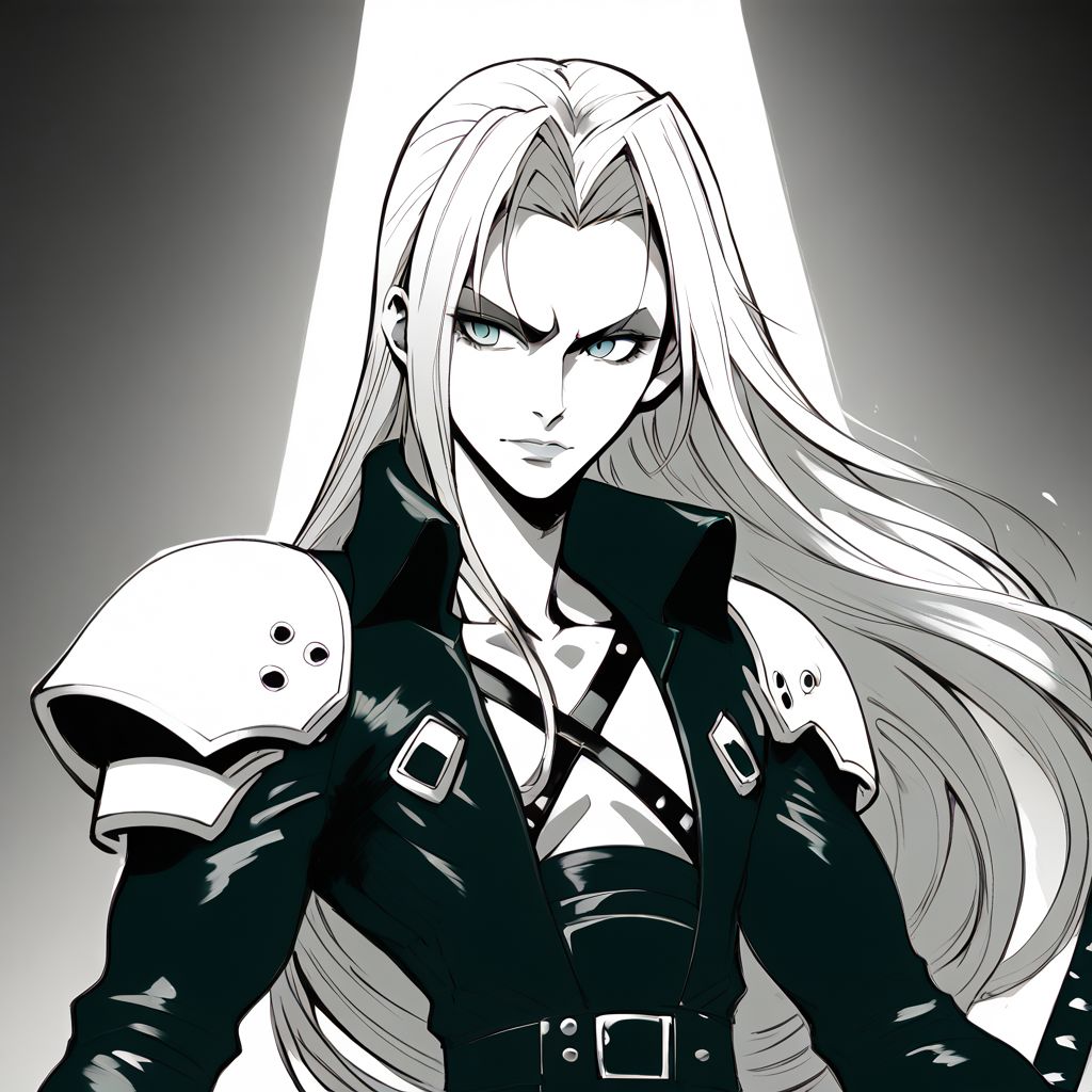 score_9, score_8_up, score_7_up, Expressiveh, upper body closeup, Sephiroth smirking condescendingly, holding a long sword, in an industrial city at night, dim street lighting, solo, beautiful, androgynous, flat chest, leather straps, broad shouldered, leather coat, smooth armor, monochrome, monochromatic, high contrast