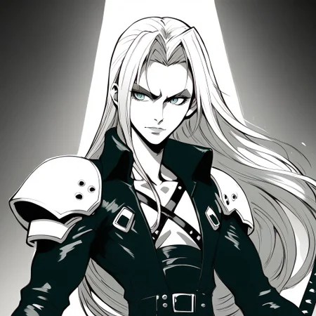 score_9, score_8_up, score_7_up, Expressiveh, upper body closeup, Sephiroth smirking condescendingly, holding a long sword, in an industrial city at night, dim street lighting, solo, beautiful, androgynous, flat chest, leather straps, broad shouldered, leather coat, smooth armor, monochrome, monochromatic, high contrast