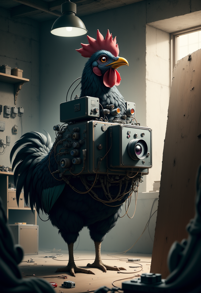 YFG-SpyWorld50s The image is a digital illustration of a rooster standing in a cluttered room. The rooster is facing towards the left side of the image. It has a large yellow beak and a blue and white feather on its head. Its body is covered in black feathers and its tail feathers are spread out behind it. The bird's head is tilted slightly to the side, as if it is looking directly at the viewer.  The rooster's body is made up of multiple pieces of metal, including a large metal camera, a small metal box, and several smaller metal boxes. The camera is attached to the body of the rooster with wires and cables. The box is connected to the camera with a wire, and the wires are connected to a power source. The wires are tangled and tangled, and there are various electrical equipment and wires scattered throughout the room. On the right side of this image, there is a large piece of wood that appears to be made of metal. The walls of the room are made of concrete and have a rough texture. There is a light fixture hanging from the ceiling, and a window is visible in the background. The overall mood of the illustration is dark and mysterious.
