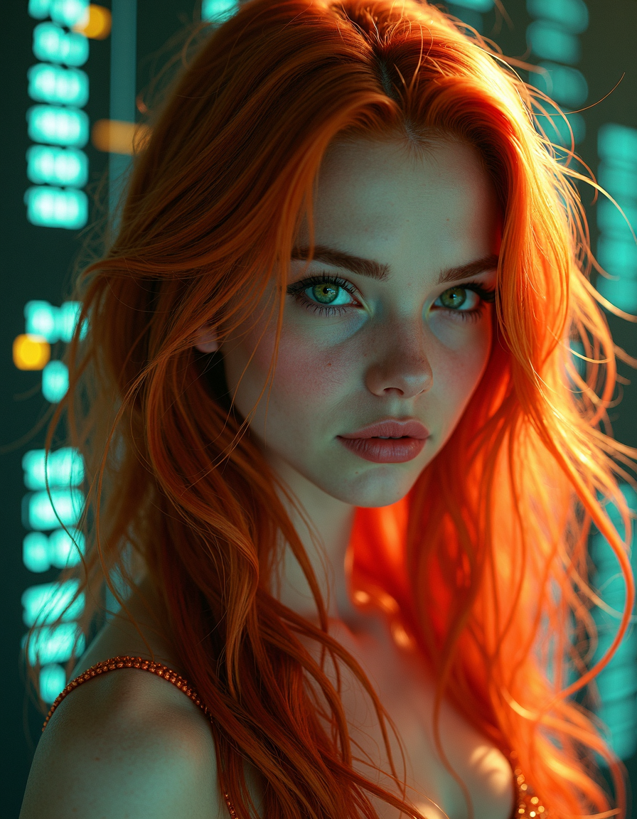 fantasy art by Emma Ríos and Eugène Girardet, Petite redhead with fiery locks and bright green eyes at Quantum computer core represented by a grid of rectangular units, each unit randomly flickering between states of light emission, absorption, and reflection, sizes of units varying to create a topographical effect of data flows, , located artistic, detailed, perfect background, vibrant, comic book art, stylized, dynamic, Orientalist painting, North African scenes, exotic landscapes, detailed realism, atmospheric effects