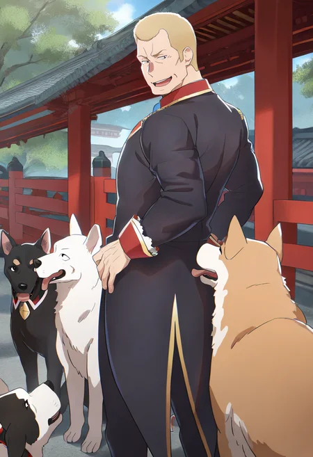 best quality, masterpiece, very awa, 1boy, houjou teppei, solo, male focus, middle-aged, mature male, muscular male, bara, smile, open mouth, too many dogs, angel mort, uniform, blonde hair, short hair, black eyes, outdoors, east asian architecture, 8k, amazing quality, very aesthetic, absurdres, <lora:teppei_ilxl-16:1.2>