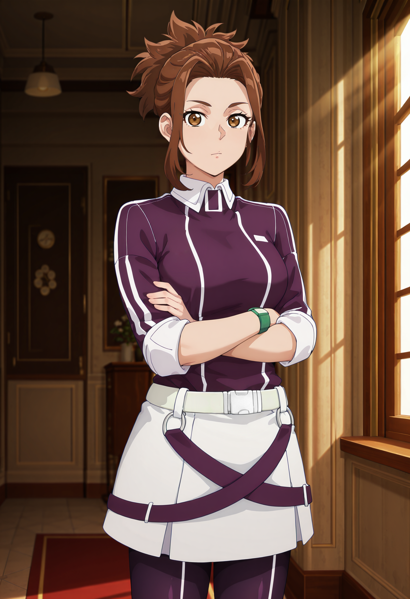 best quality, amazing quality, perfect quality, high quality, masterpiece, absolutely eye-catching BREAK
<lora:Shangri-La_Frontier_-_Megumi_Natsume:1> ShangriMegumi, brown eyes, brown hair, medium hair, ponytail, curtained hair, short sidelocks BREAK
purple striped jacket, three-quarter sleeves, white skirt, multiple belts, purple bike shorts, green wristwatch BREAK
1girl, solo, crossed arms, indoors, window, trees, sunbeam, morning, blue sky, white walls, looking at viewer, cowboy shot