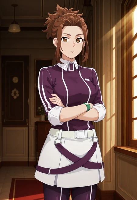 best quality, amazing quality, perfect quality, high quality, masterpiece, absolutely eye-catching BREAK
<lora:Shangri-La_Frontier_-_Megumi_Natsume:1> ShangriMegumi, brown eyes, brown hair, medium hair, ponytail, curtained hair, short sidelocks BREAK
purple striped jacket, three-quarter sleeves, white skirt, multiple belts, purple bike shorts, green wristwatch BREAK
1girl, solo, crossed arms, indoors, window, trees, sunbeam, morning, blue sky, white walls, looking at viewer, cowboy shot